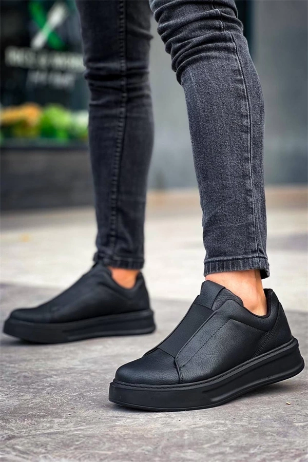 Kb-007  Kuback Siyah Siyah Yüksek Taban Tek Bant Bağcıksız Günlük Erkek Ayakkabı