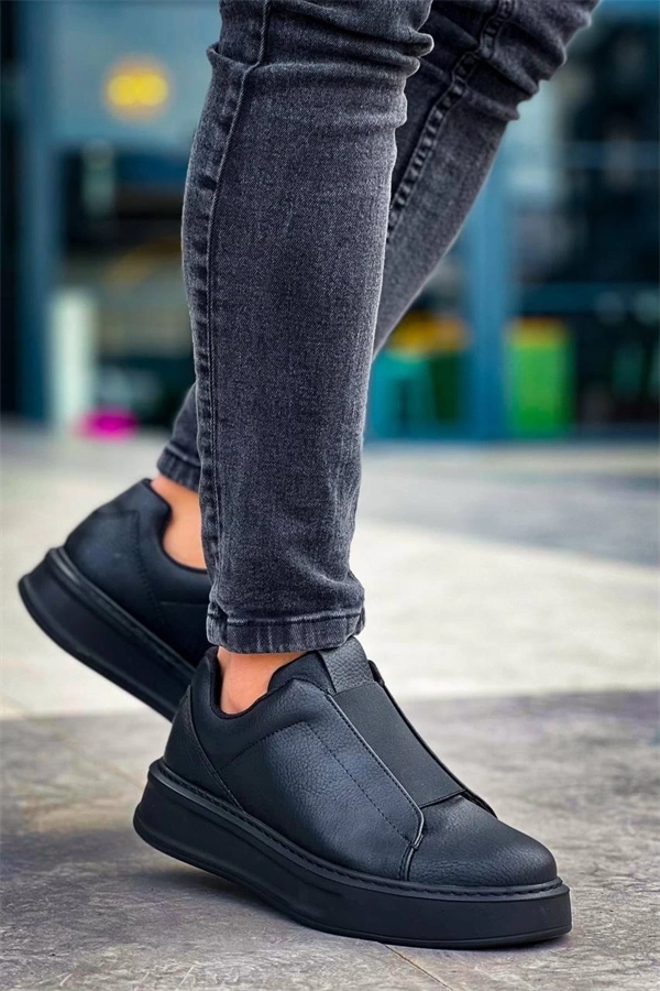 Kb-007  Kuback Siyah Siyah Yüksek Taban Tek Bant Bağcıksız Günlük Erkek Ayakkabı