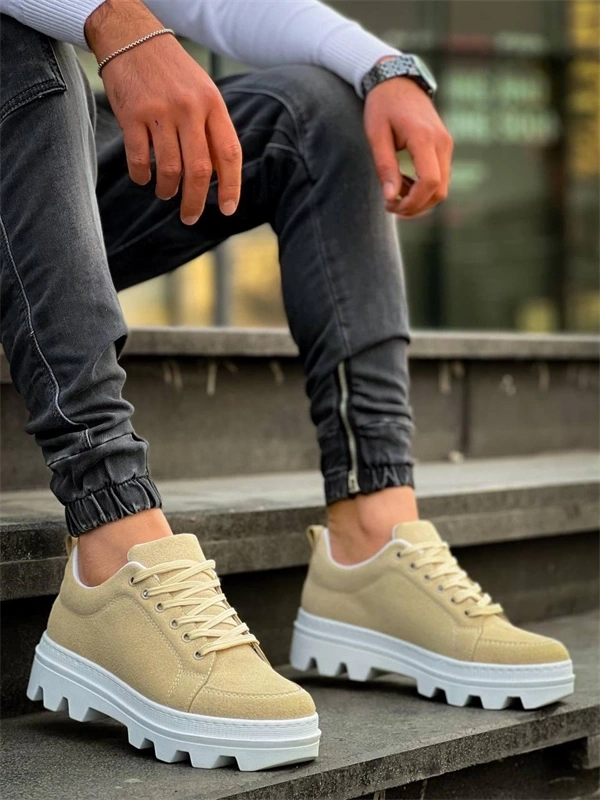 Kb-056 Kuback Bej Süet Beyaz Yüksek Taban Günlük Spor Ayakkabı