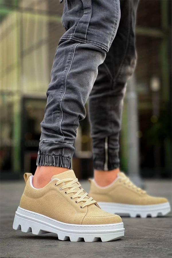 Kb-056 Kuback Bej Süet Beyaz Yüksek Taban Günlük Spor Ayakkabı