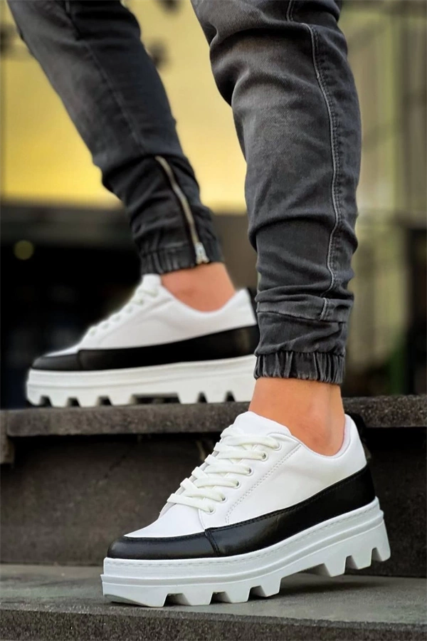Kb-056 Kuback Beyaz Siyah Detaylı Beyaz Yüksek Taban Günlük Spor Ayakkabı