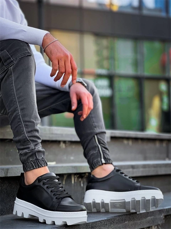 Kb-056 Kuback Siyah Cilt Beyaz Yüksek Taban Günlük Spor Ayakkabı