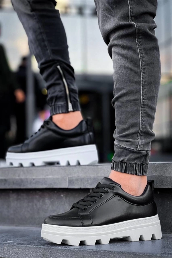 Kb-056 Kuback Siyah Cilt Beyaz Yüksek Taban Günlük Spor Ayakkabı