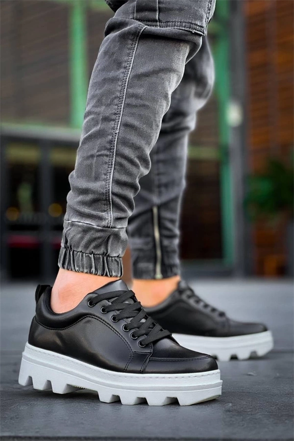 Kb-056 Kuback Siyah Cilt Beyaz Yüksek Taban Günlük Spor Ayakkabı