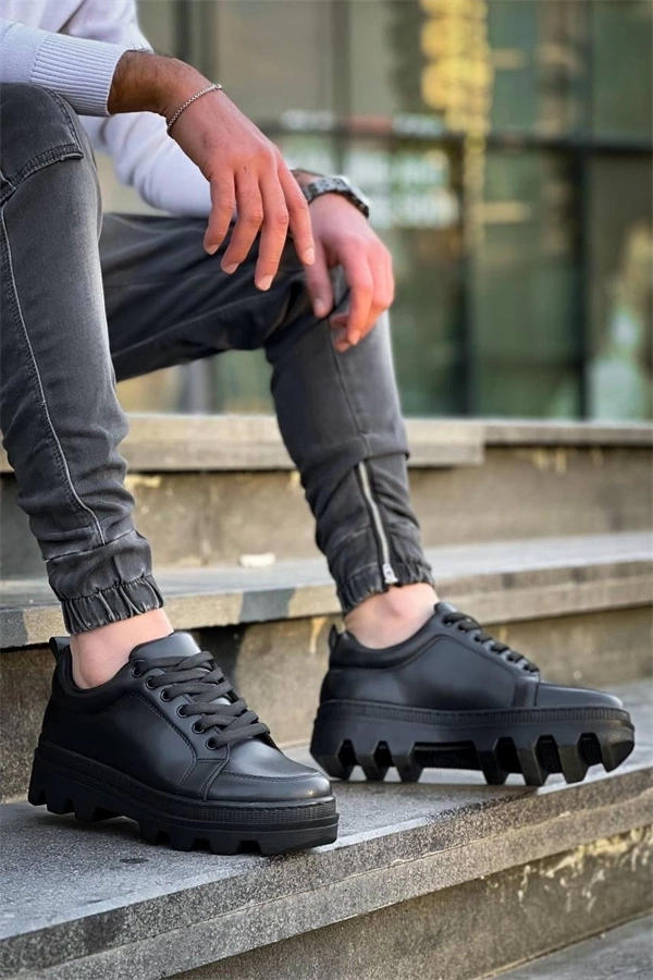 Kb-056 Kuback Siyah Cilt Siyah Yüksek Taban Günlük Spor Ayakkabı