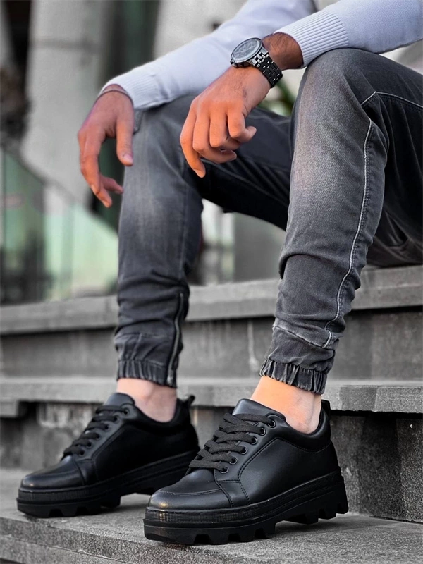 Kb-056 Kuback Siyah Cilt Siyah Yüksek Taban Günlük Spor Ayakkabı