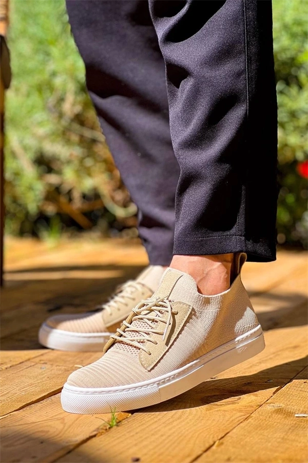 Kb-110  Kuback Bej Triko Yüksek Taban Bağcıklı Günlük Erkek Ayakkabı
