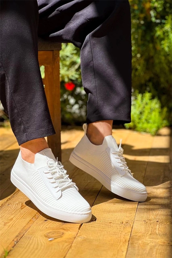 Kb-110  Kuback Beyaz Triko Yüksek Taban Bağcıklı Günlük Erkek Ayakkabı