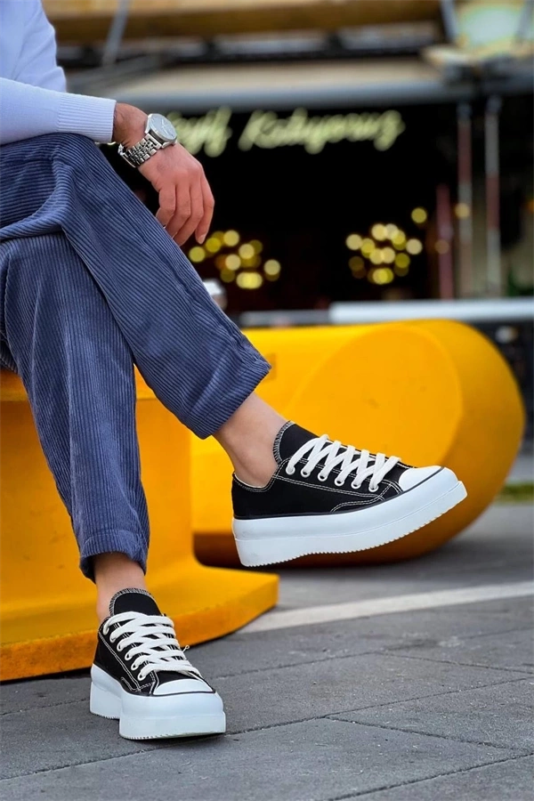 Kb-Cx-3 Kuback Kısa Siyah Keten Beyaz Yüksek Taban Spor Ayakkabı