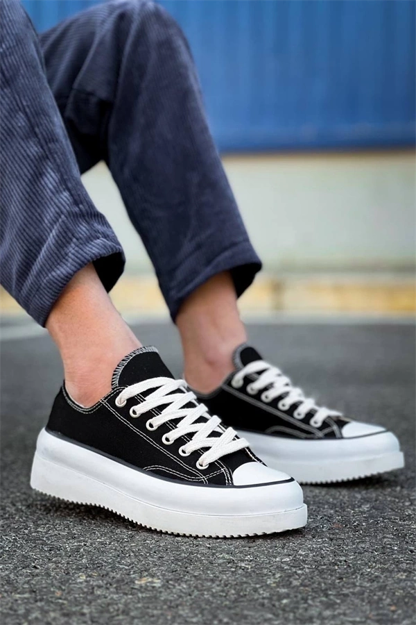 Kb-Cx-3 Kuback Kısa Siyah Keten Beyaz Yüksek Taban Spor Ayakkabı