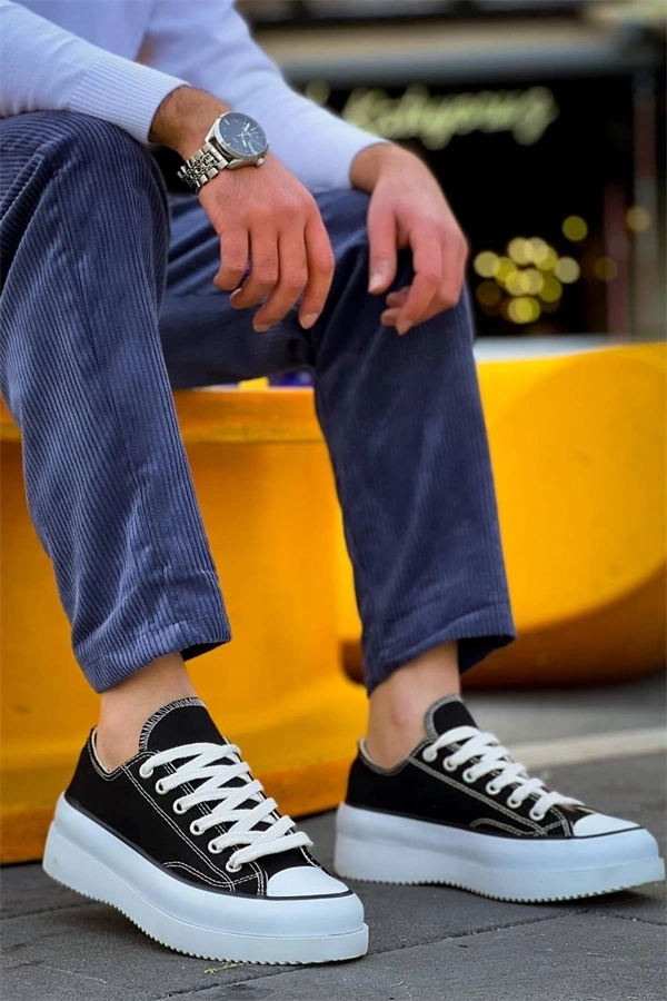 Kb-Cx-3 Kuback Kısa Siyah Keten Beyaz Yüksek Taban Spor Ayakkabı