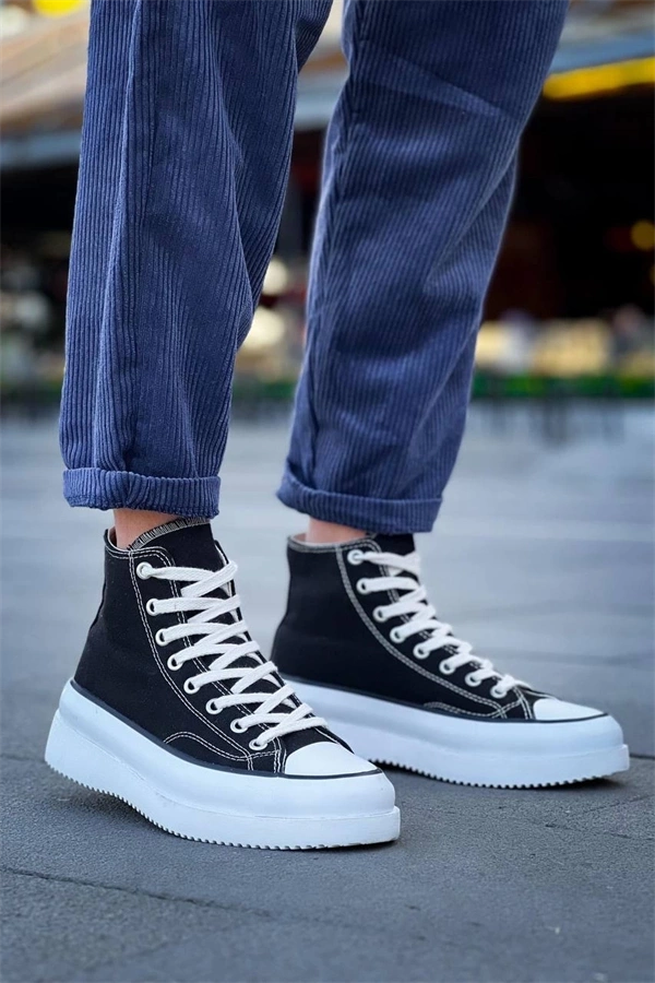 Kb-Cx-3 Kuback Uzun Siyah Keten Beyaz Yüksek Taban Spor Ayakkabı