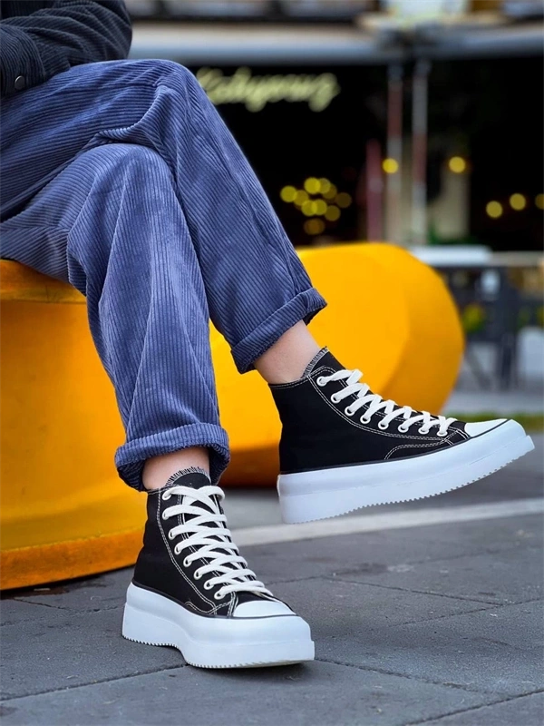 Kb-Cx-3 Kuback Uzun Siyah Keten Beyaz Yüksek Taban Spor Ayakkabı