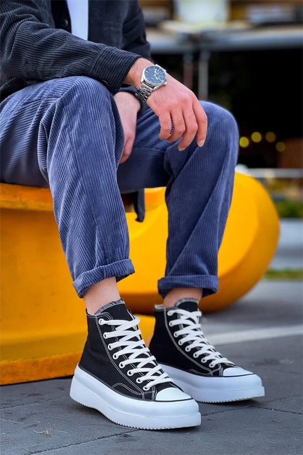 Kb-Cx-3 Kuback Uzun Siyah Keten Beyaz Yüksek Taban Spor Ayakkabı