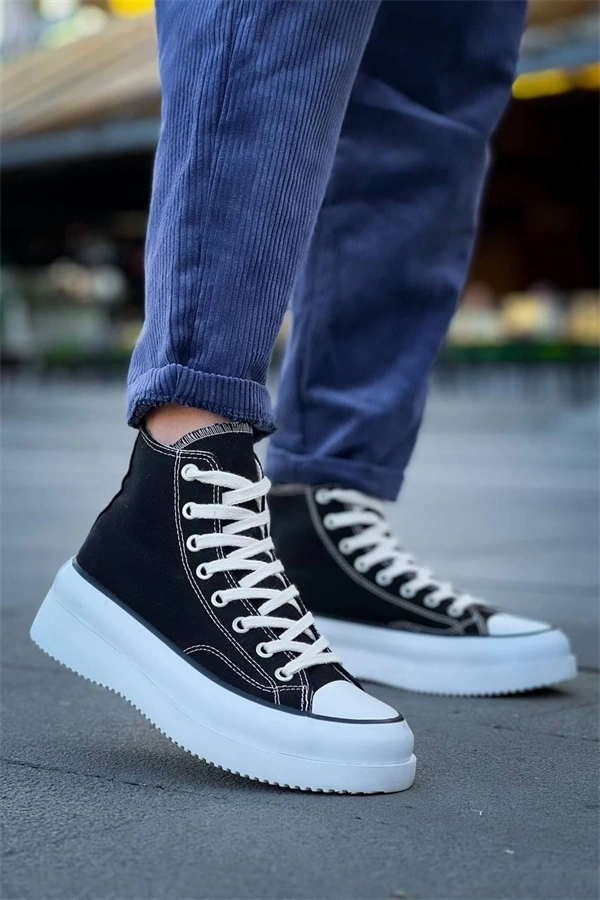 Kb-Cx-3 Kuback Uzun Siyah Keten Beyaz Yüksek Taban Spor Ayakkabı