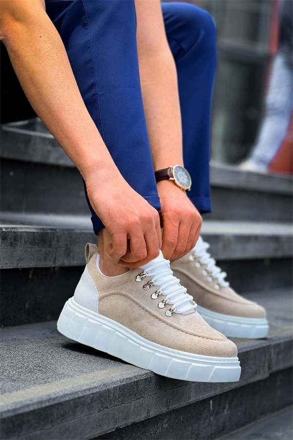 KB-X10 Kuback Bej Süet Beyaz Yüksek Taban Günlük Spor Ayakkabı