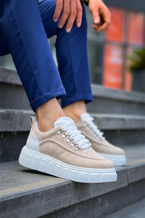 KB-X10 Kuback Bej Süet Beyaz Yüksek Taban Günlük Spor Ayakkabı