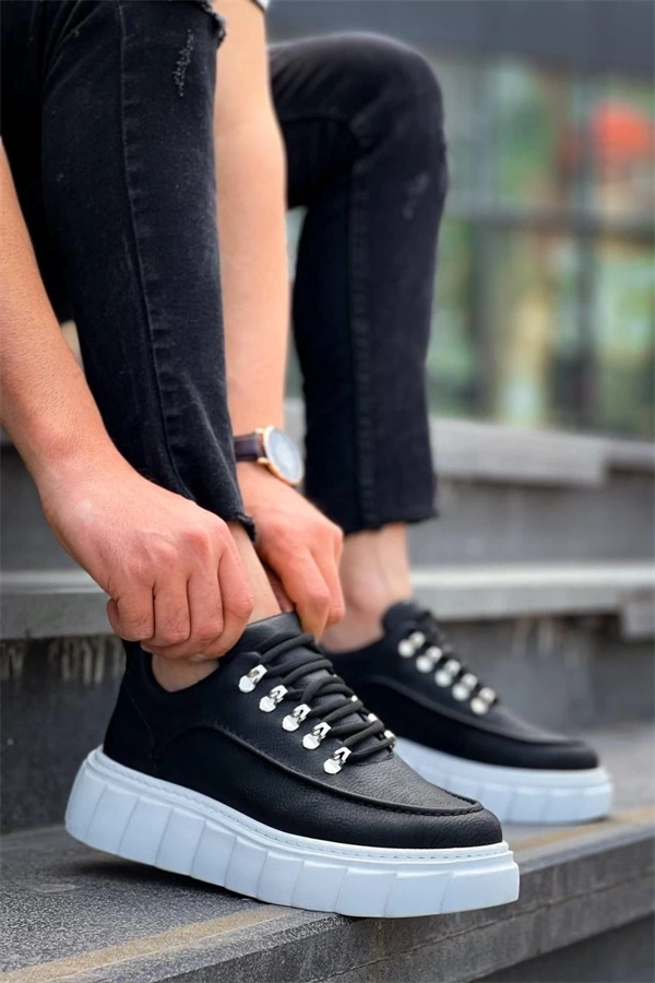 KB-X10 Kuback Siyah Cilt  Beyaz Yüksek Taban Günlük Spor Ayakkabı