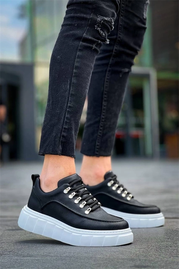 KB-X10 Kuback Siyah Cilt  Beyaz Yüksek Taban Günlük Spor Ayakkabı