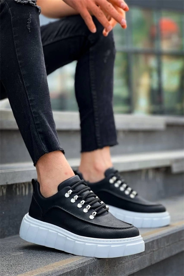 KB-X10 Kuback Siyah Cilt  Beyaz Yüksek Taban Günlük Spor Ayakkabı