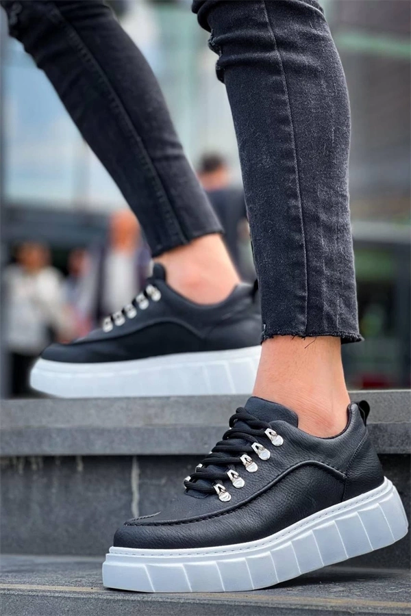 KB-X10 Kuback Siyah Cilt  Beyaz Yüksek Taban Günlük Spor Ayakkabı