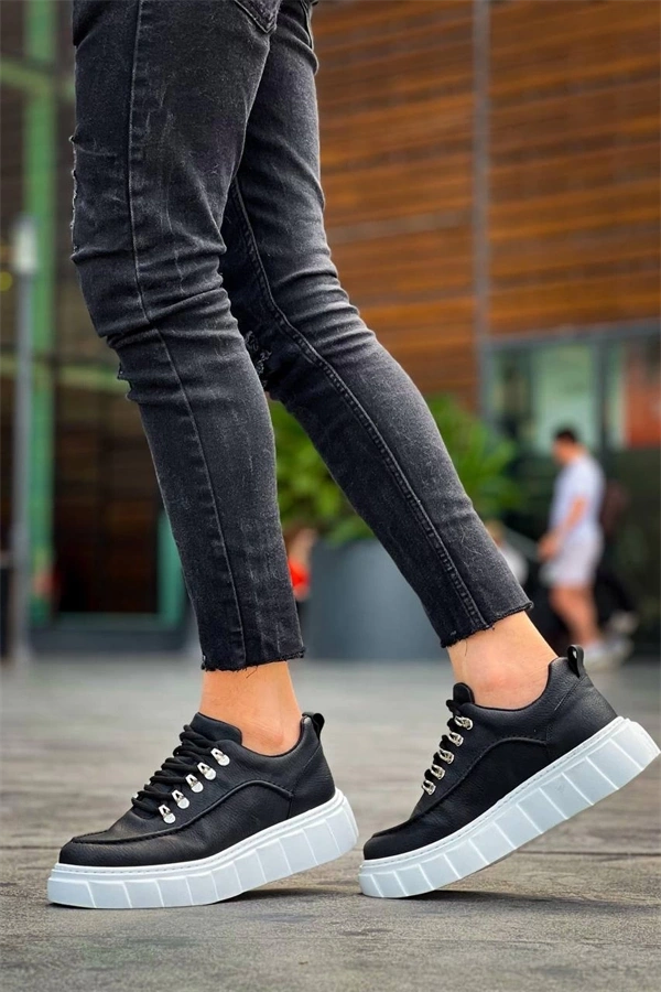 KB-X10 Kuback Siyah Cilt  Beyaz Yüksek Taban Günlük Spor Ayakkabı