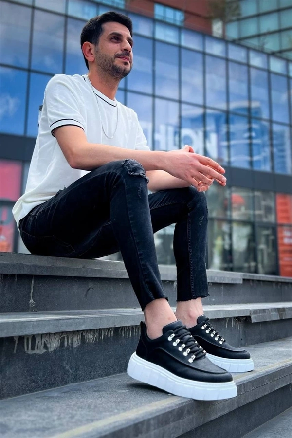 KB-X10 Kuback Siyah Cilt  Beyaz Yüksek Taban Günlük Spor Ayakkabı