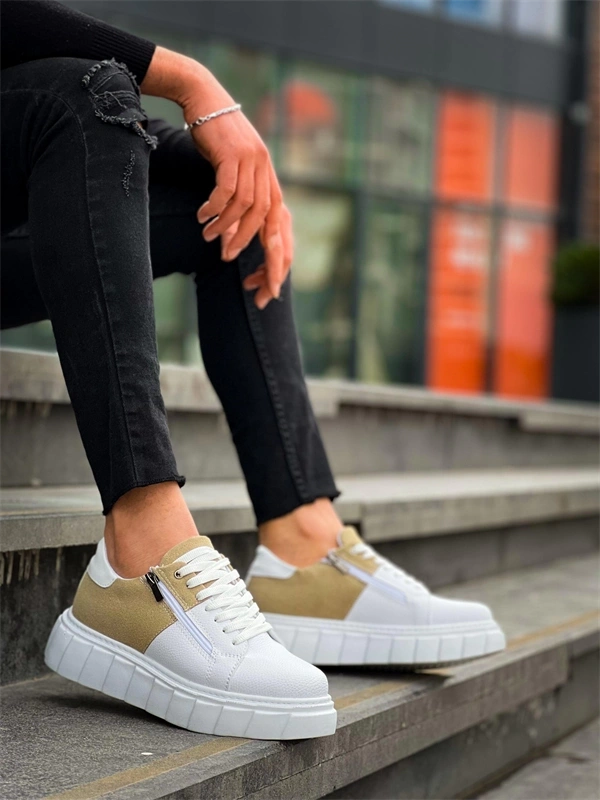 KB-X155 Kuback Beyaz Cilt Bej Süet Detaylı Beyaz Yüksek Taban Günlük Spor Ayakkabı