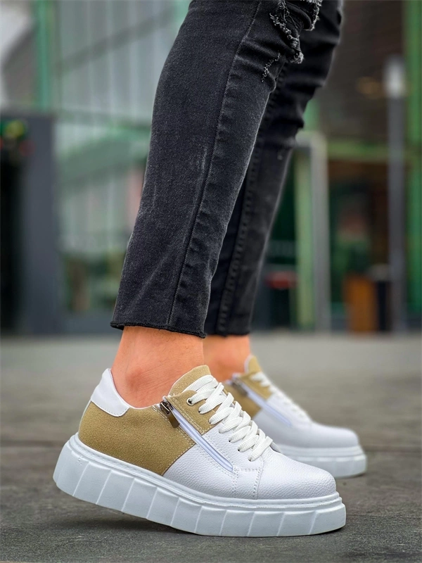 KB-X155 Kuback Beyaz Cilt Bej Süet Detaylı Beyaz Yüksek Taban Günlük Spor Ayakkabı