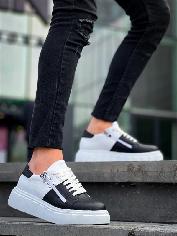 KB-X155 Kuback Siyah Cilt Beyaz Cilt Detaylı Beyaz Yüksek Taban Günlük Spor Ayakkabı