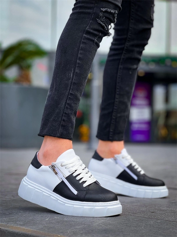 KB-X155 Kuback Siyah Cilt Beyaz Cilt Detaylı Beyaz Yüksek Taban Günlük Spor Ayakkabı