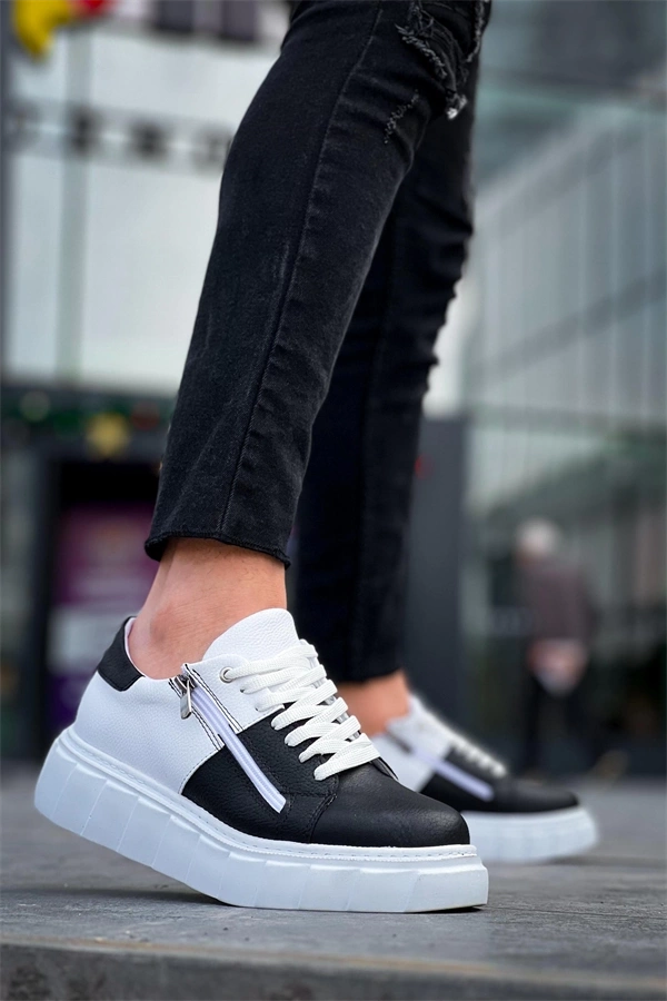 KB-X155 Kuback Siyah Cilt Beyaz Cilt Detaylı Beyaz Yüksek Taban Günlük Spor Ayakkabı