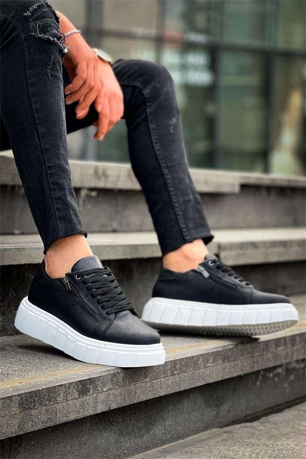 KB-X155 Kuback Siyah Cilt Detaylı Beyaz Yüksek Taban Günlük Spor Ayakkabı