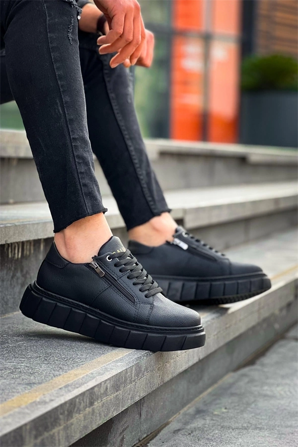 KB-X155 Kuback Siyah Cilt Detaylı Siyah Yüksek Taban Günlük Spor Ayakkabı