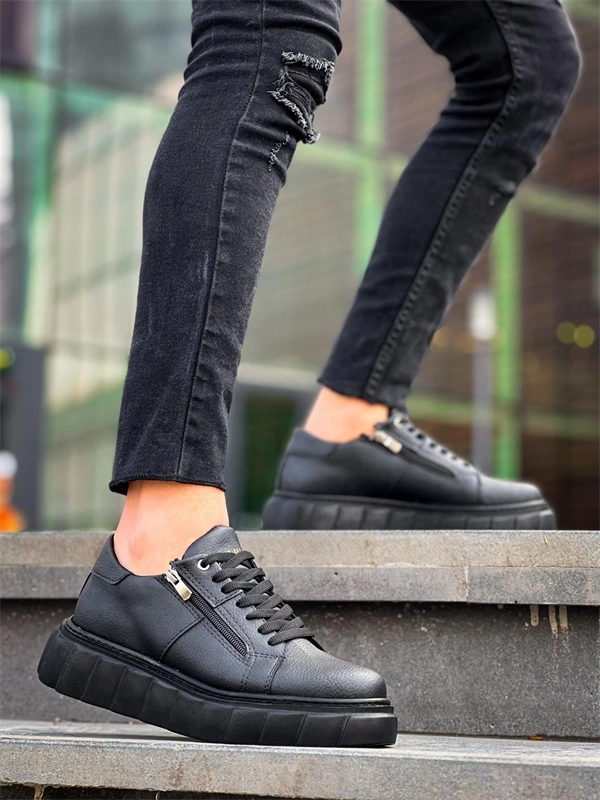 KB-X155 Kuback Siyah Cilt Detaylı Siyah Yüksek Taban Günlük Spor Ayakkabı