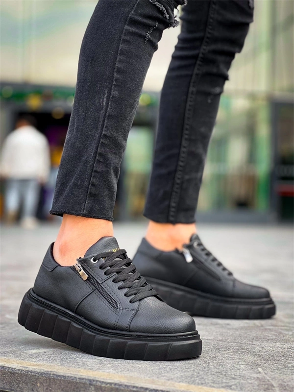 KB-X155 Kuback Siyah Cilt Detaylı Siyah Yüksek Taban Günlük Spor Ayakkabı