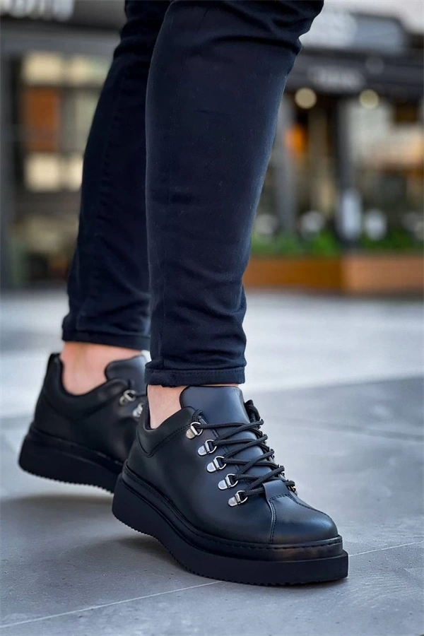 Kb-X4  Kuback Siyah Cilt Siyah Yüksek Taban Bağcıklı Günlük Erkek Ayakkabı