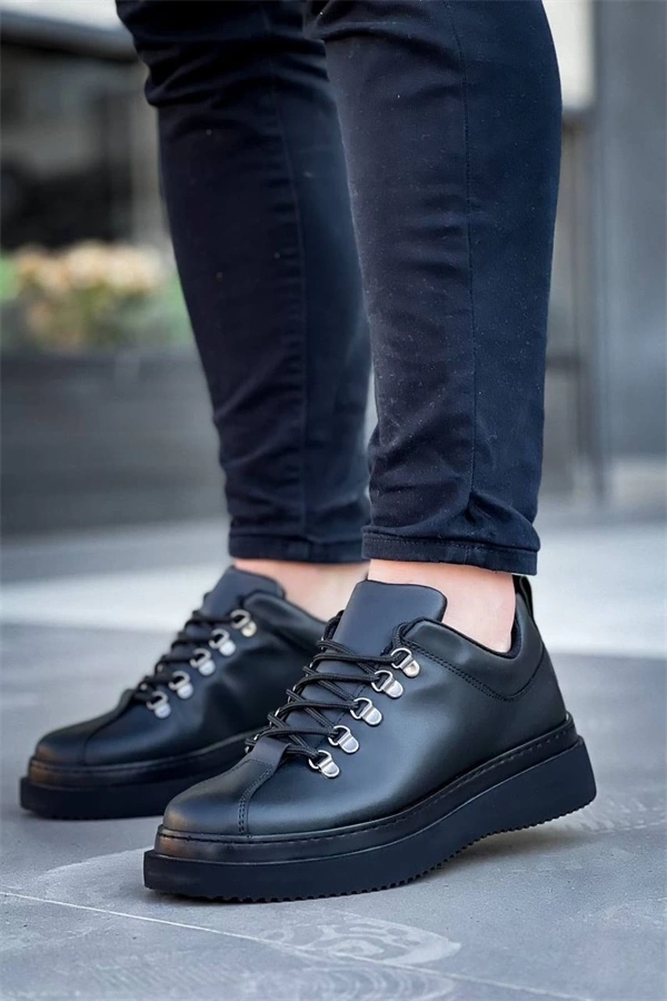 Kb-X4  Kuback Siyah Cilt Siyah Yüksek Taban Bağcıklı Günlük Erkek Ayakkabı