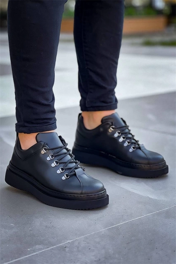 Kb-X4  Kuback Siyah Cilt Siyah Yüksek Taban Bağcıklı Günlük Erkek Ayakkabı