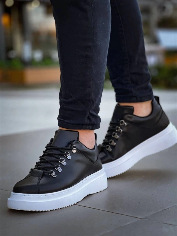 Kb-X4  Kuback Siyah Cilt Yüksek Taban Bağcıklı Günlük Erkek Ayakkabı