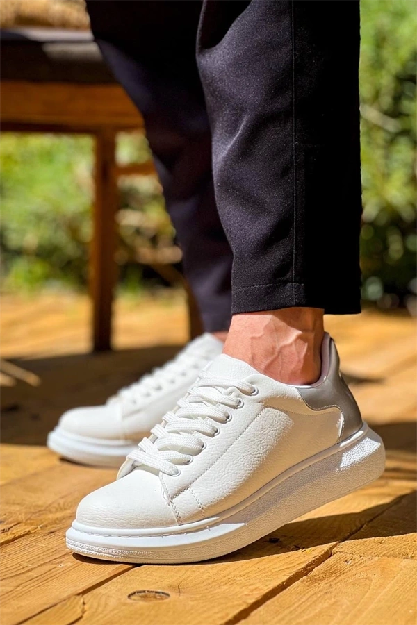 Kb-X500  Kuback Beyaz Gümüş Yüksek Taban Bağcıklı Günlük Erkek Ayakkabı