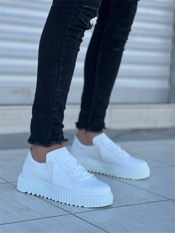 Kb-X502  Kuback Beyaz Cilt Yüksek Beyaz Taban Bağcık Detaylı Lastikli Günlük Erkek Ayakkabı