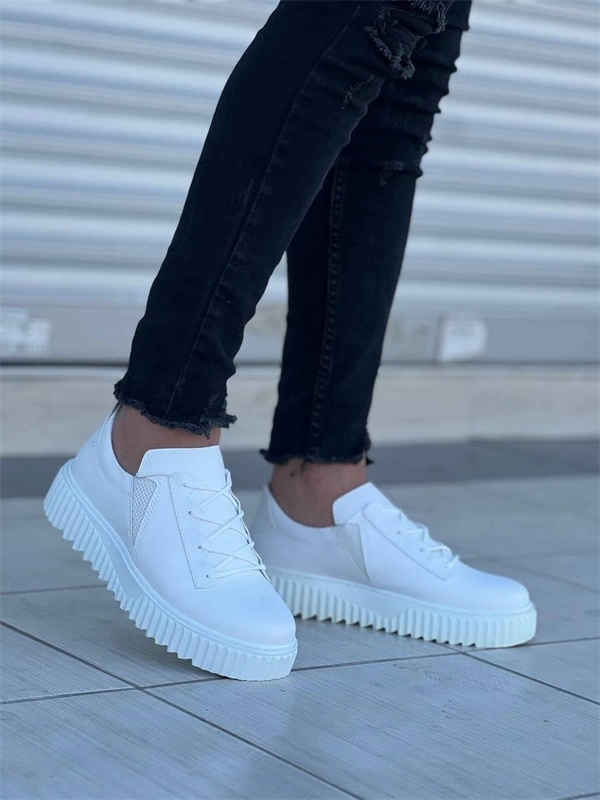 Kb-X502  Kuback Beyaz Cilt Yüksek Beyaz Taban Bağcık Detaylı Lastikli Günlük Erkek Ayakkabı