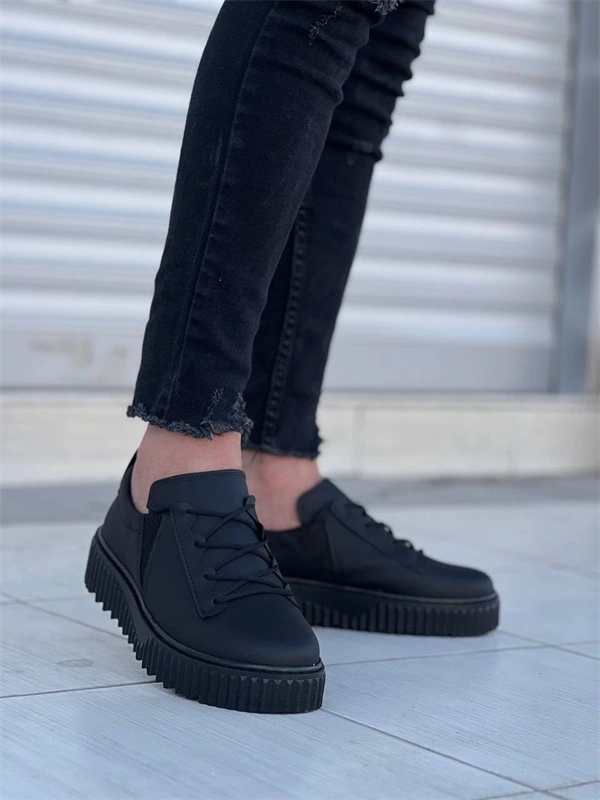 Kb-X502  Kuback Siyah Cilt Yüksek Siyah Taban Bağcık Detaylı Lastikli Günlük Erkek Ayakkabı