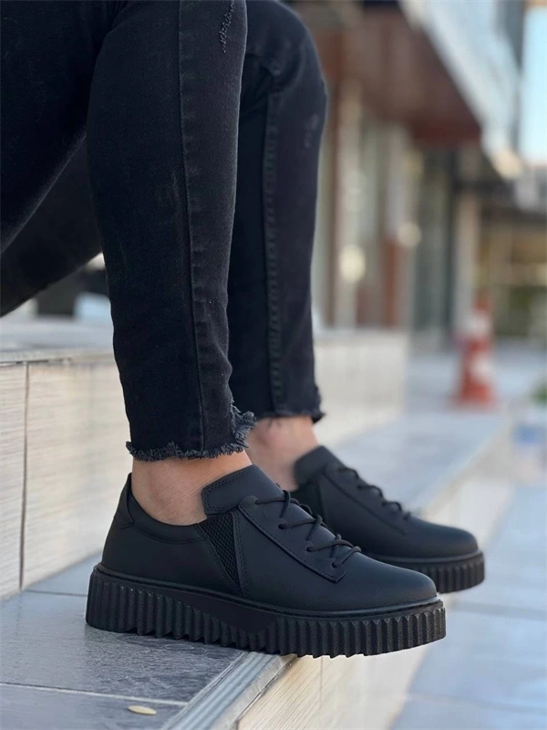 Kb-X502  Kuback Siyah Cilt Yüksek Siyah Taban Bağcık Detaylı Lastikli Günlük Erkek Ayakkabı