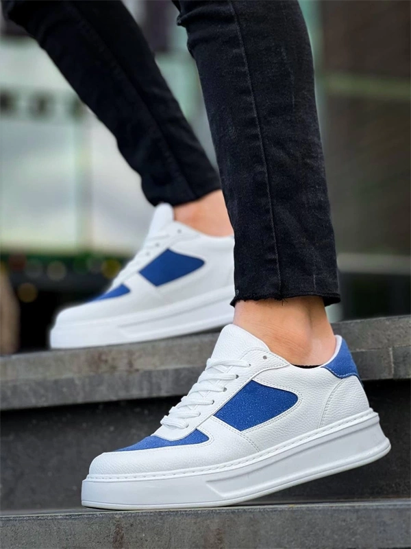 KB-X8 Kuback Beyaz Cilt Mavi Süet Detaylı Beyaz Yüksek Taban Günlük Spor Ayakkabı