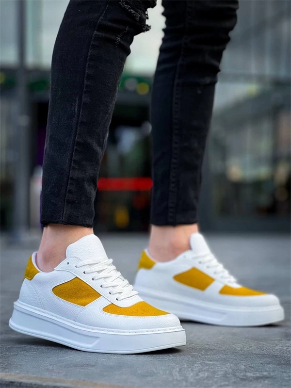 KB-X8 Kuback Beyaz Cilt Sarı Süet Detaylı Beyaz Yüksek Taban Günlük Spor Ayakkabı