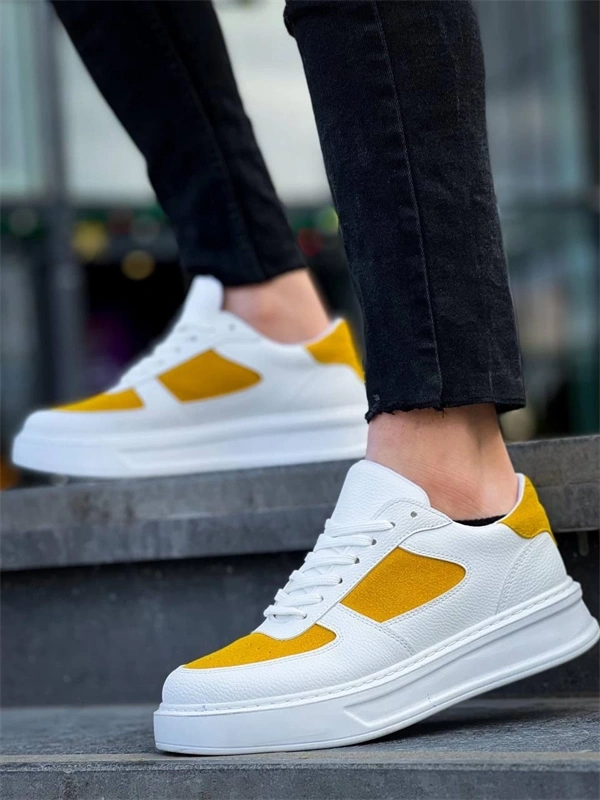 KB-X8 Kuback Beyaz Cilt Sarı Süet Detaylı Beyaz Yüksek Taban Günlük Spor Ayakkabı