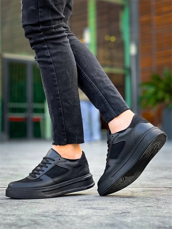 KB-X8 Kuback Siyah Cilt Siyah Süet  Detaylı Siyah Yüksek Taban Günlük Spor Ayakkabı