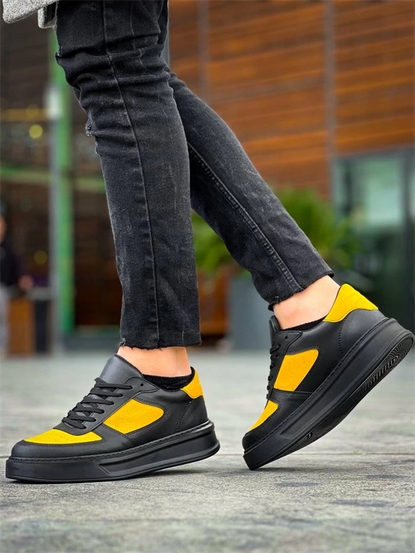 KB-X8 Kuback Siyah Sarı Cilt Yüksek Taban Günlük Spor Ayakkabı
